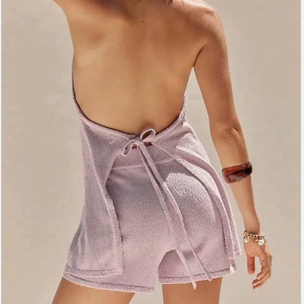 FREE PEOPLE BEACH Phia sweater set Blush Lilac Matching Open Back Halter Size L‎